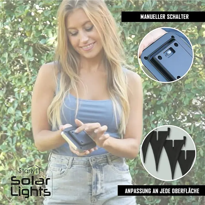 Starlyf Solarleuchten-Set - L x B x H: 2 x 10 x 10 cm, Silber, IP44, 72 lm - Frau bedient Starlyf Solarleuchten, die mit manuellem Schalter und flexibler Anpassung an jede Oberfläche ausgestattet sind.