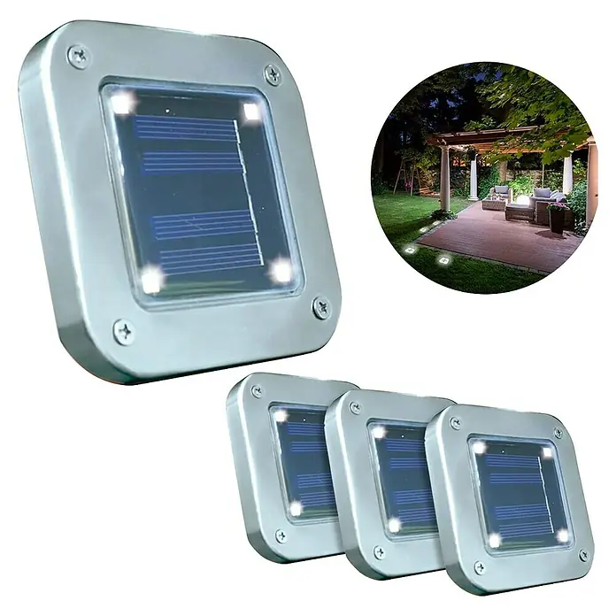 Starlyf Solarleuchten-Set - L x B x H: 2 x 10 x 10 cm, Silber, IP44, 72 lm - Bild von vier quadratischen Solar Bodenleuchten. Ideal für die Garten- und Landschaftsgestaltung, sie bieten stimmungsvolle Beleuchtung.