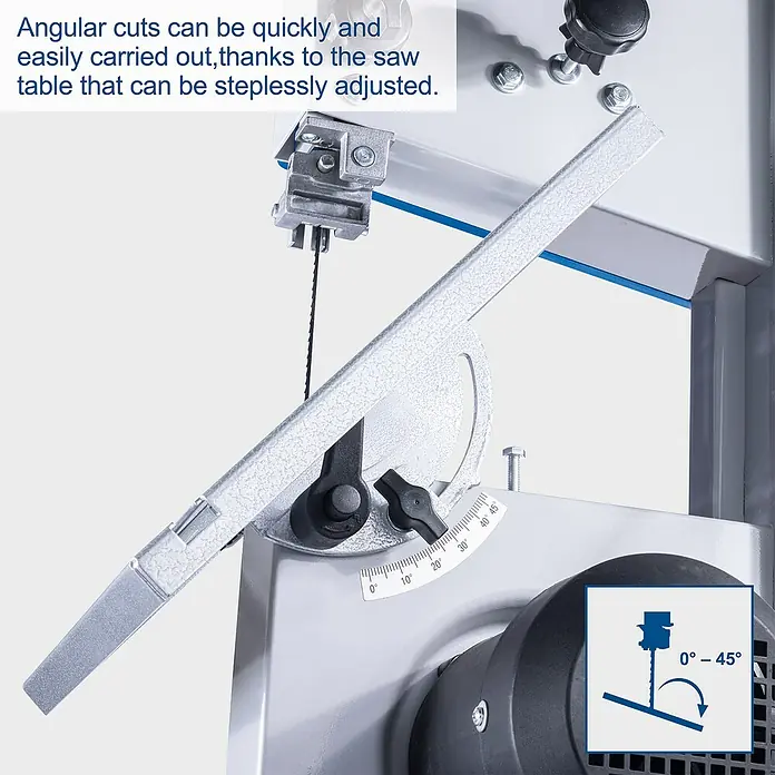 Scheppach Sierra de cinta HBS25 - 350 W, Altura de paso: 80 mm, Anchura de paso: 200 mm - Primer plano de la sierra de cinta con mesa ajustable para cortes en ángulo de 0° a 45°. Ideal para proyectos de carpintería precisos.