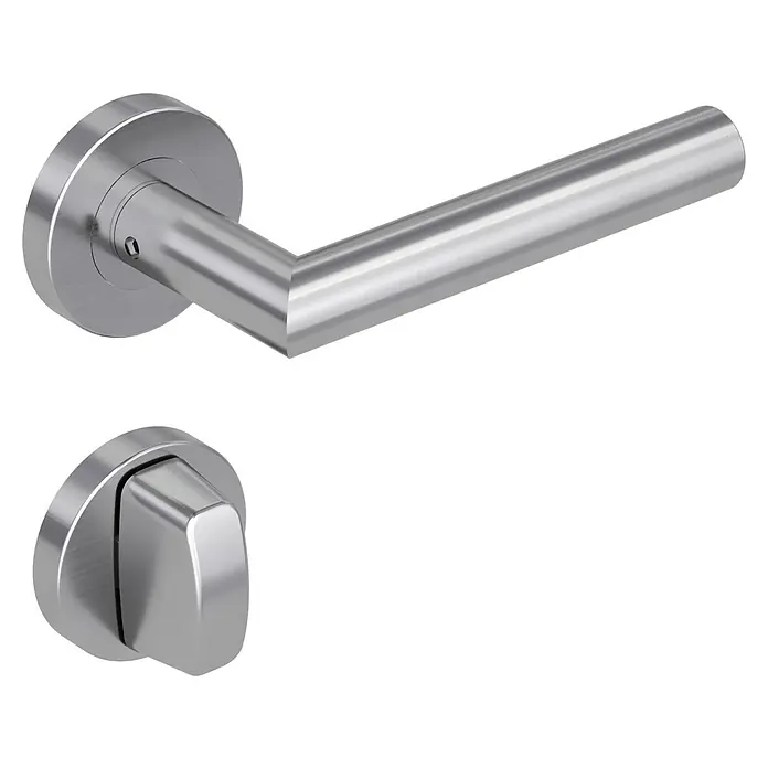 Diamond Doors Modern Zimmertürgarnitur WC L-Form - Stärke Tür: 38 mm - 45 mm, Edelstahl, Schlitzkopf/Olive - Zwei Türgriffe aus gebürstetem Edelstahl mit rundem Rosettendesign, die moderne Eleganz und Funktionalität für jedes Interieur bieten.