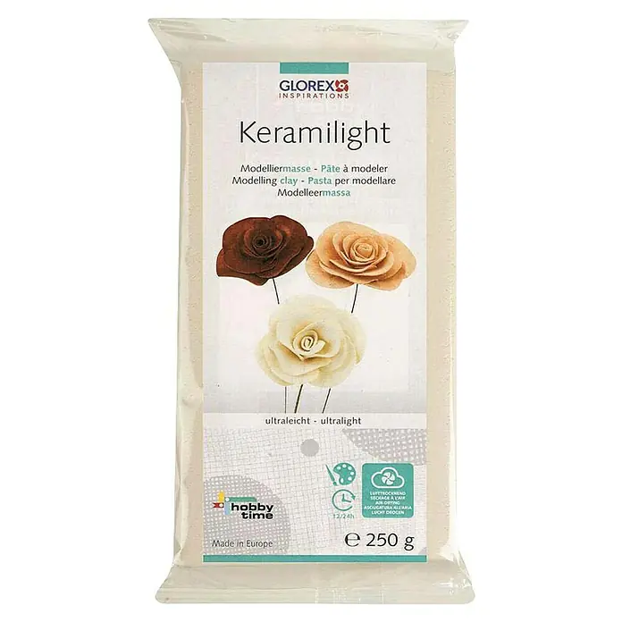 Glorex Modelliermasse Keramilight - Weiß, 250 g - Bild einer Packung Glorex Keramilight Modelliermasse, einer ultraleichten Modelliermasse für Hobby- und Bastelprojekte.