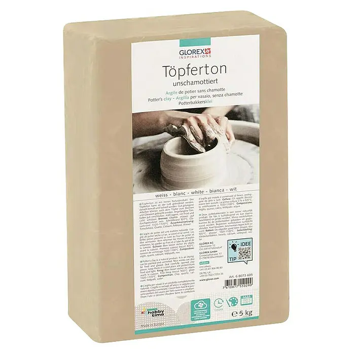 Glorex Töpferton Unschamottiert - Weiß, 5 kg - Eine Packung Glorex Töpferton unschamottiert, eine hochwertige Tonerde für Töpferarbeiten, ideal für kreative Projekte.