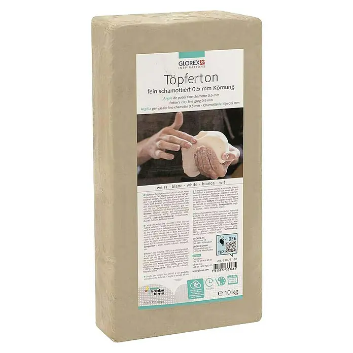 Glorex Töpferton Fein Schamottiert - Weiß, 10 kg - Ein Block Töpferton von Glorex, fein schamottiert mit einer Körnung von 0,5 mm, ideal für kreative Keramikprojekte.