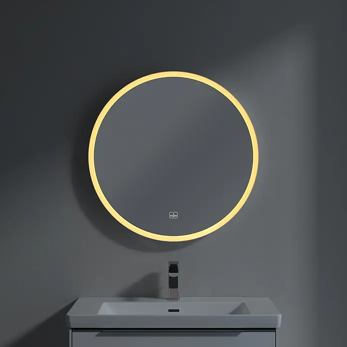 Villeroy & Boch Subway 3.0 Lichtspiegel - Durchmesser: 71,2 cm, White Matt - Runder LED-beleuchteter Spiegel über einem modernen Waschbecken. Ideal für stilvolle Badezimmer mit gedämpfter Beleuchtung und minimalistischem Design.