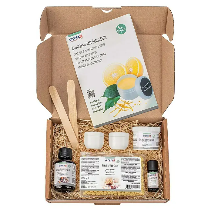 Glorex Bastel-Set Natur-Kosmetik Handcreme - 8 -tlg. - DIY-Set zur Herstellung von Handcreme mit Orangenöl, inklusive Zutaten wie Mandelöl, Kakaobutter und Sheabutter.