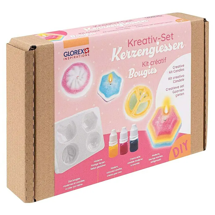 Glorex Bastel-Set Kreativ-Set Kerzengiessen - Gelb/Rot/Blau - Kreativ-Set Kerzengiessen: Ein DIY-Set zum Kerzengießen mit verschiedenen Formen und Farben für moderne, farbige Kerzen.