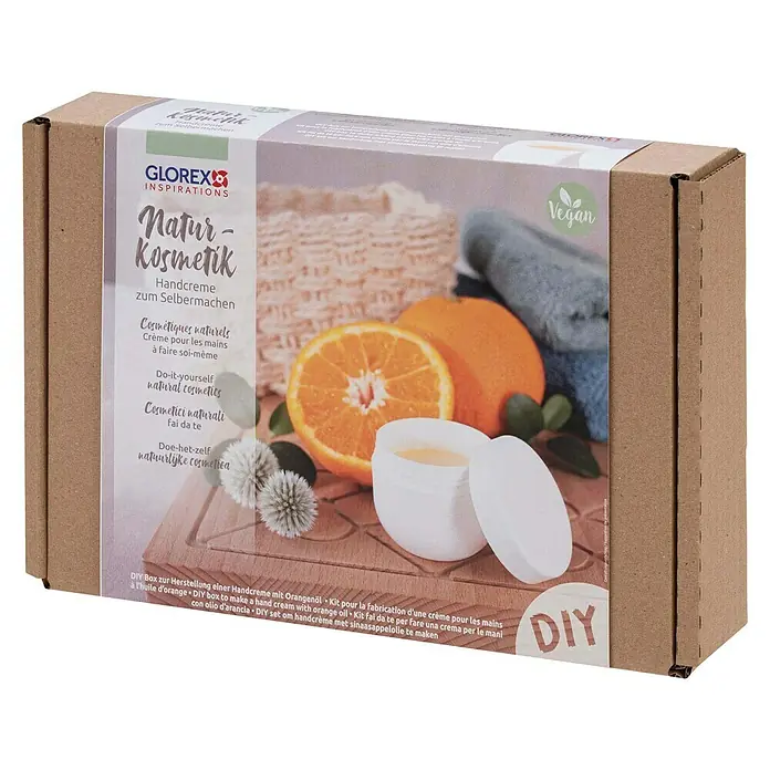 Glorex Bastel-Set Natur-Kosmetik Handcreme - 8 -tlg. - DIY-Box "Natur-Kosmetik" zur Herstellung von Handcreme mit Orangenöl, inklusive veganem Inhaltsstoffen für selbstgemachte Naturkosmetik.