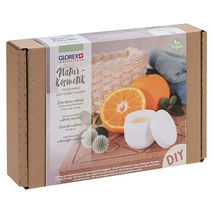 Glorex Bastel-Set Natur-Kosmetik Handcreme - 8 -tlg. - DIY-Box Naturkosmetik zur Herstellung von Handcreme mit Orangenduft, vegan. Ideal für natürliche Hautpflege.