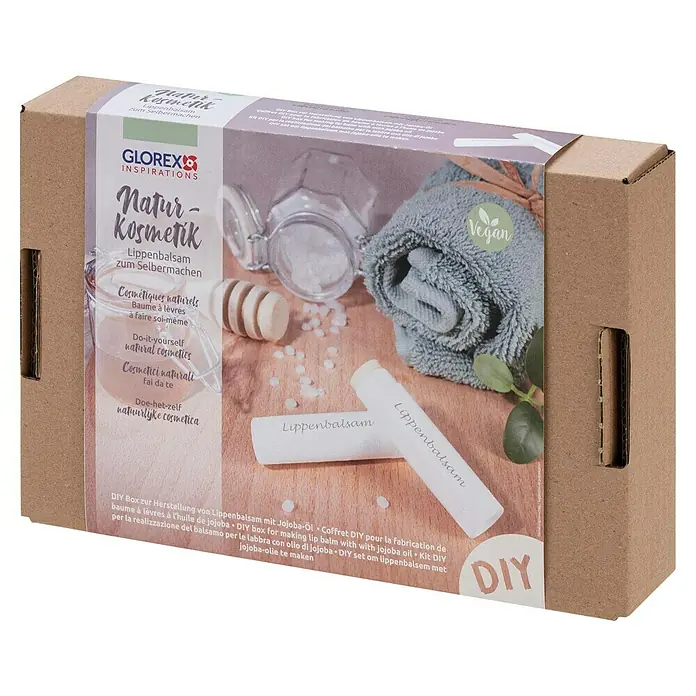 Glorex Bastel-Set Naturkosmetik Lippenbalsam - 14 -tlg. - DIY-Box zur Herstellung von Lippenbalsam mit Jojoba-Öl. Ein Set für natürliche Lippenpflege, ideal zum Selbermachen.