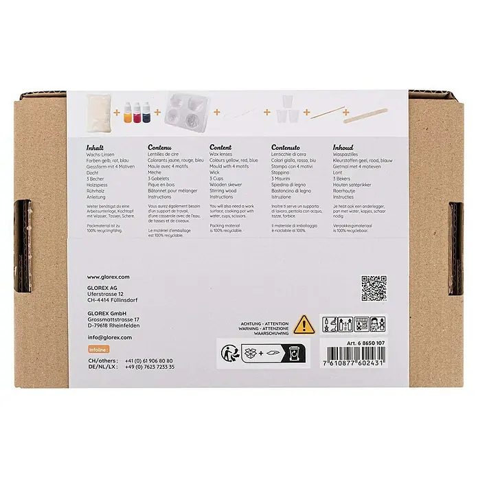 Glorex Bastel-Set Kreativ-Set Kerzengiessen - Gelb/Rot/Blau - Produktverpackung mit Inhaltsangabe für Wachs-Linsen, Farben, Gießform, Docht, Becher, Holzspieß, Rührholz und Anleitung.