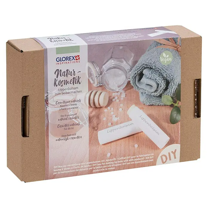 Glorex Bastel-Set Naturkosmetik Lippenbalsam - 14 -tlg. - DIY Box zur Herstellung von Lippenbalsam mit Jojoba-Öl für natürlich schöne und gepflegte Lippen. Ideal zum Selbermachen.