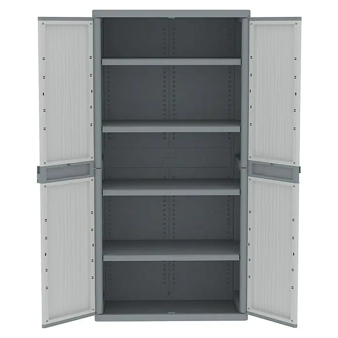 Terry Kunststoff-Mehrzweckschrank Jumbo 2900 Wave - H x B x T: 180 x 89,7 x 53,7 cm - Offener, grauer Kunststoffschrank mit fünf Regalen und zwei weißen Türen für zusätzlichen Stauraum im Haus oder der Garage.