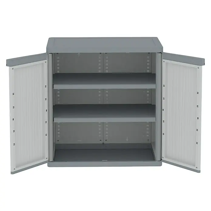 Terry Kunststoff-Mehrzweckschrank Jumbo 900 Wave - H x B x T: 94,5 x 89,7 x 53,7 cm - Abbildung eines grauen Kunststoff-Gartenschranks mit zwei offenen Türen und drei Einlegeböden.