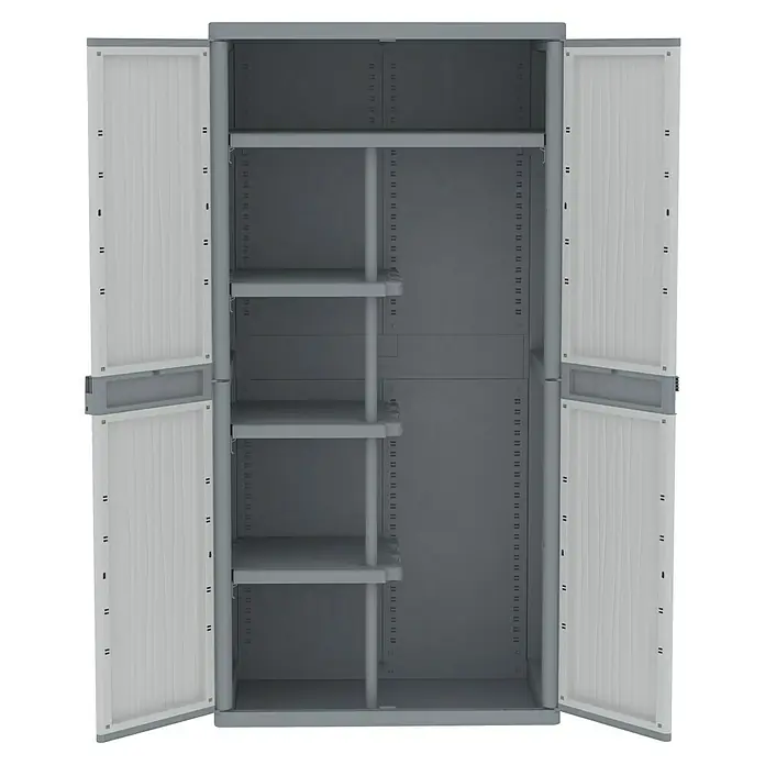 Terry Kunststoff-Mehrzweckschrank Jumbo 3900 Wave - H x B x T: 180 x 89,7 x 53,7 cm - Ein grauer Kunststoffschrank mit geöffneten Türen und mehreren Regalen. Ideal für die Aufbewahrung.