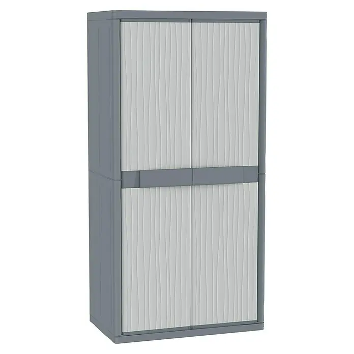Terry Kunststoff-Mehrzweckschrank Jumbo 3900 Wave - H x B x T: 180 x 89,7 x 53,7 cm - Grauer Kunststoffschrank mit vier weißen Türen und wellenförmiger Textur. Der Schrank hat einen horizontalen grauen Streifen in der Mitte.