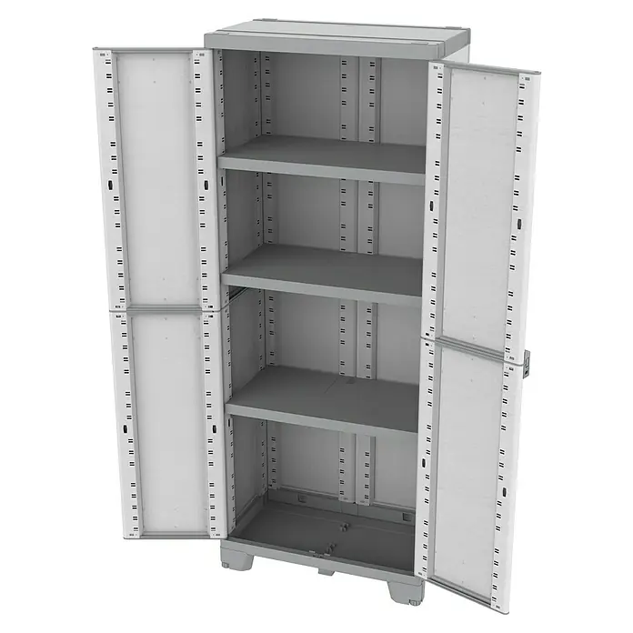 Terry Kunststoff-Mehrzweckschrank CAB 2680 SEQUOIA - H x B x T: 172 x 39 x 68 cm, Weiß - Aufnahme eines grauen, offenen Werkzeugschranks mit mehreren Regalen.