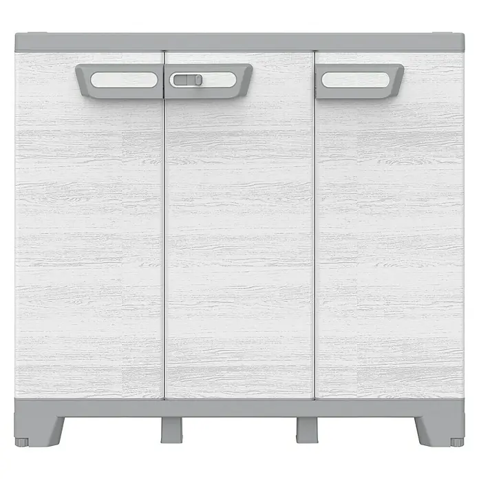 Terry Kunststoff-Mehrzweckschrank CAB 102B SEQUOIA - H x B x T: 93,5 x 102 x 39 cm, Weiß - Ein dreitüriger, weißer Kunststoffschrank mit grauen Akzenten. Praktisch für den Innen- und Außenbereich zur Aufbewahrung.