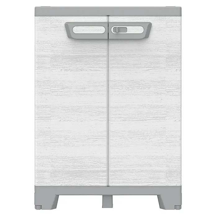 Terry Kunststoff-Mehrzweckschrank CAB 680 SEQUOIA - H x B x T: 93,5 x 68 x 39 cm, Weiß - Schrank mit zwei weißen Türen und einem grauen Griff. Ideal zur Aufbewahrung von Gegenständen und zur Organisation des Raums.