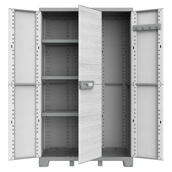 Terry Kunststoff-Mehrzweckschrank CAB 102A SEQUOIA - H x B x T: 172 x 68 x 39 cm, Weiß - Offener, grauer Kunststoffschrank mit Regalen und Hakenleiste zur Aufbewahrung von Gegenständen.