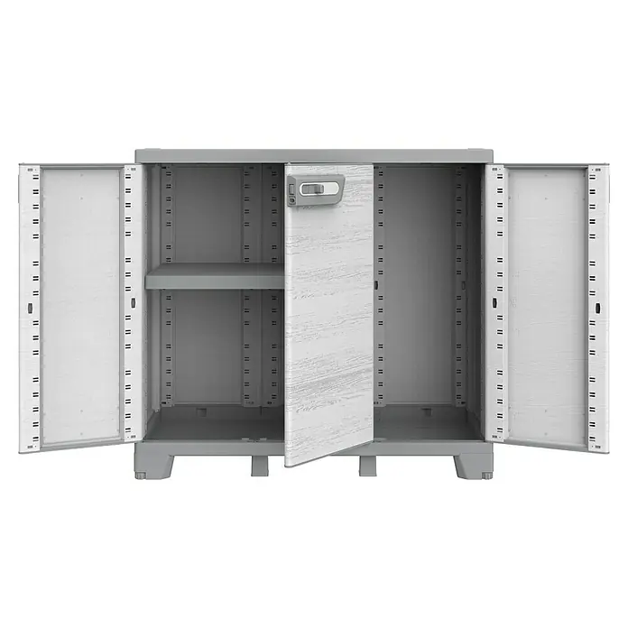 Terry Kunststoff-Mehrzweckschrank CAB 102B SEQUOIA - H x B x T: 93,5 x 102 x 39 cm, Weiß - Geräumiger grauer Mehrzweckschrank mit offenen Türen und Regalen, ideal für die Organisation von Gegenständen im Haus oder in der Garage.