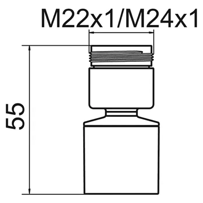 Neoperl Luftsprudler - Durchflussmenge: 5,7 l/min, Kunststoffsieb, Gewinde: M22/M24 - Produktabbildung einer M22x1/M24x1-Verbindung mit einer Gesamthöhe von 55 mm.