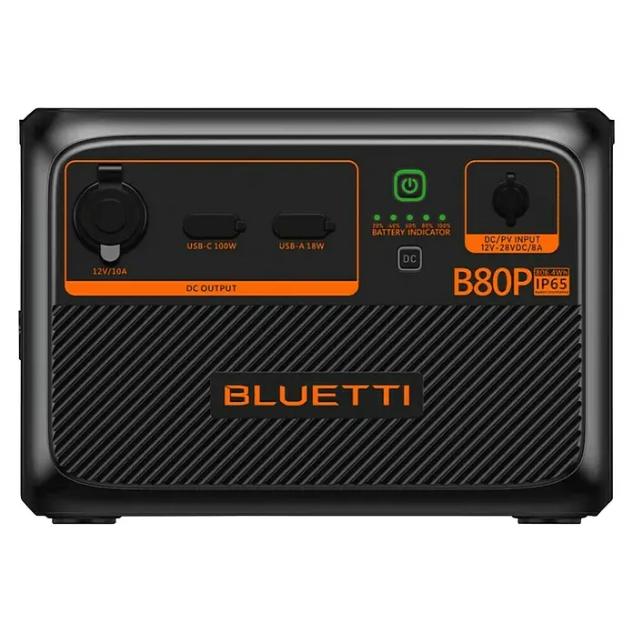 Bluetti Batteriespeicher B80P - Akkuleistung: 0,8 kWh - Eine tragbare Bluetti B80P Powerstation mit 806,4Wh Kapazität, ausgestattet mit USB- und DC-Anschlüssen, ideal für Outdoor-Aktivitäten.