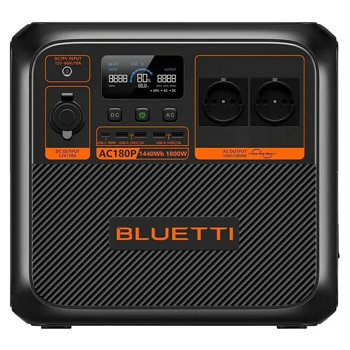 Bluetti Powerstation AC180P - 1.152 Wh - Abbildung eines Bluetti AC180P-Kraftwerks mit 1440Wh und 1800W Leistung, das vielseitige Anschlüsse für verschiedene Geräte bietet.