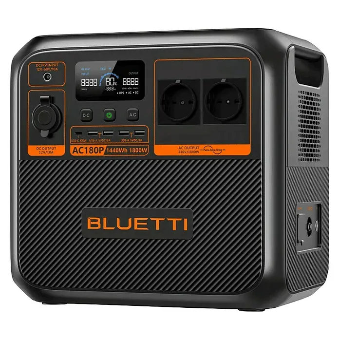 Bluetti Powerstation AC180P - 1.152 Wh - Tragbare Bluetti AC180P Powerstation mit 1440Wh Kapazität und 1800W Leistung, ideal für Outdoor-Aktivitäten und als Notstromversorgung.