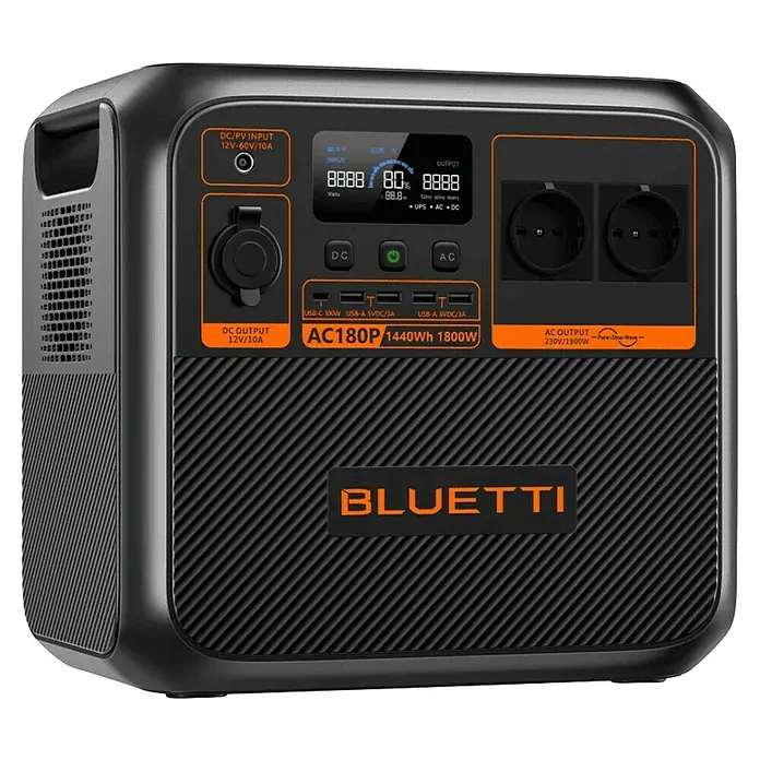 Bluetti Powerstation AC180P - 1.152 Wh - Tragbare Bluetti AC180P Powerstation mit 1440Wh Kapazität und 1800W Leistung, ideal für Camping und Notstromversorgung.