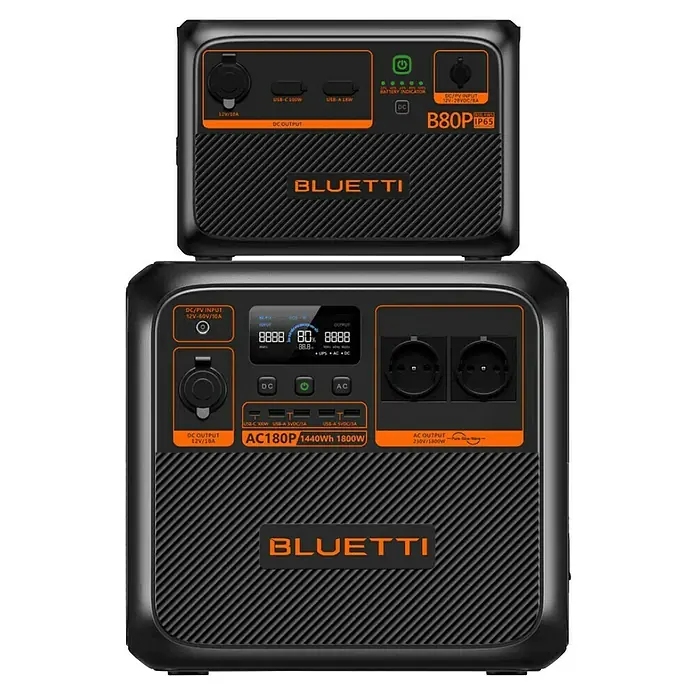 Bluetti Batteriespeicher B80P - Akkuleistung: 0,8 kWh - Das Bild zeigt eine Bluetti AC180P Powerstation mit einem B80P-Erweiterungsakku, eine zuverlässige Stromquelle für unterwegs und zu Hause.