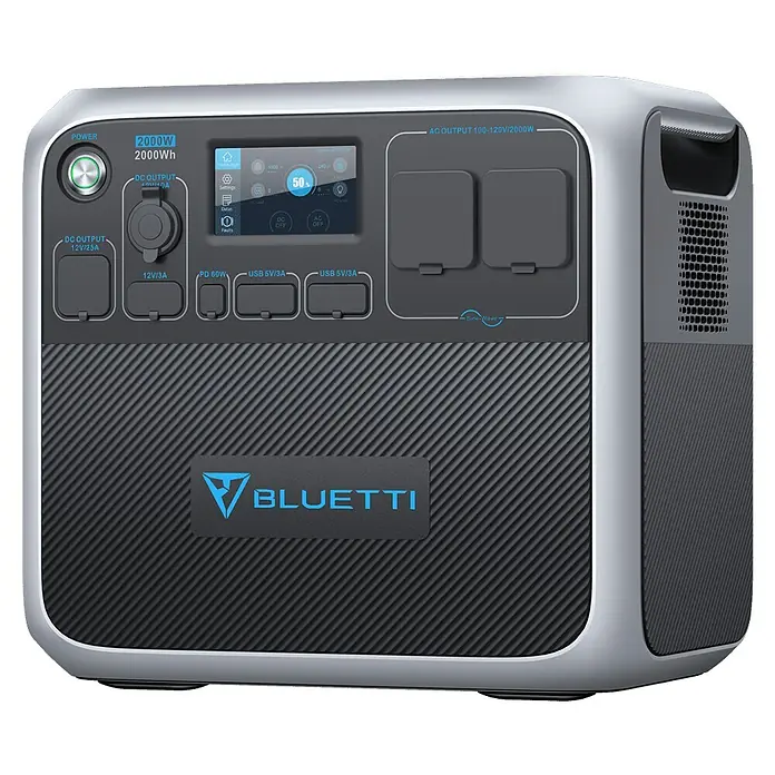 Bluetti Powerstation AC200PL - 0% MwSt. - 2.304 Wh - Tragbarer Bluetti-Stromgenerator mit 2000 W Leistung und verschiedenen Anschlüssen zur Stromversorgung verschiedener Geräte.