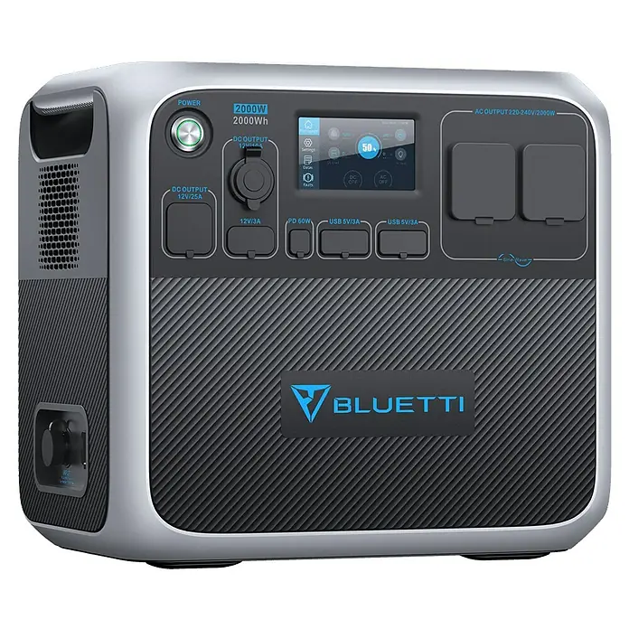 Bluetti Powerstation AC200PL - 0% MwSt. - 2.304 Wh - Abbildung eines BLUETTI-Stromgenerators mit 2000W und 2000Wh Kapazität, ideal für Notfälle oder Outdoor-Aktivitäten.