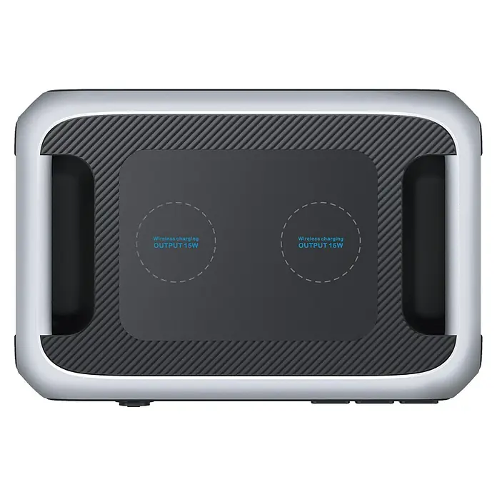 Bluetti Powerstation AC200PL - 0% MwSt. - 2.304 Wh - Draufsicht auf eine tragbare Powerstation mit zwei kabellosen Ladepads mit je 15W Leistung für einfaches Aufladen von Geräten.