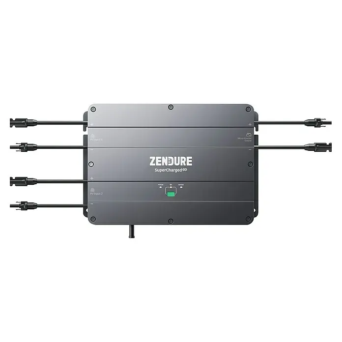 Zendure Wechselrichter SolarFlow Hub 2000 - Leistung: 2.400 W - Abbildung des Zendure SuperCharge Mikro-Wechselrichters. Es zeigt sein Design mit Eingängen und Ausgängen für die Solarenergie.