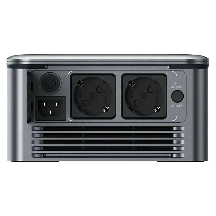 Zendure Powerstation SolarFlow ACE 1500 - 1.500 W - Rückansicht eines tragbaren Stromgenerators mit Steckdosen, Ein/Aus-Schalter und Kühlrippen für effiziente Stromversorgung unterwegs.