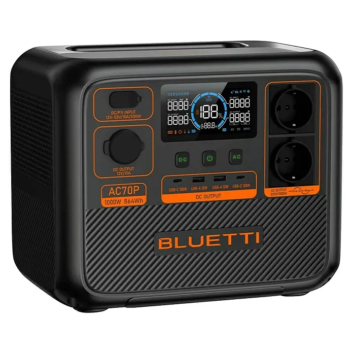 Bluetti Powerstation P-AC70P - 864 Wh - Abbildung einer Bluetti AC70P Powerstation mit 1000W Leistung und 864Wh Kapazität, mit Anschlüssen und Display.
