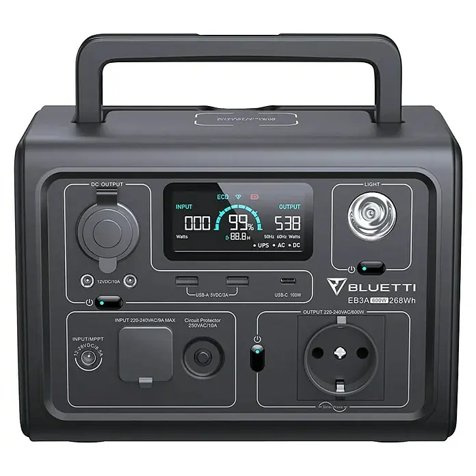 Bluetti Batteriespeicher EP600 - 1 Stk. - Tragbare Bluetti EB3A Powerstation mit 600W Leistung und 268Wh Kapazität, ideal für Camping und Notstromversorgung.