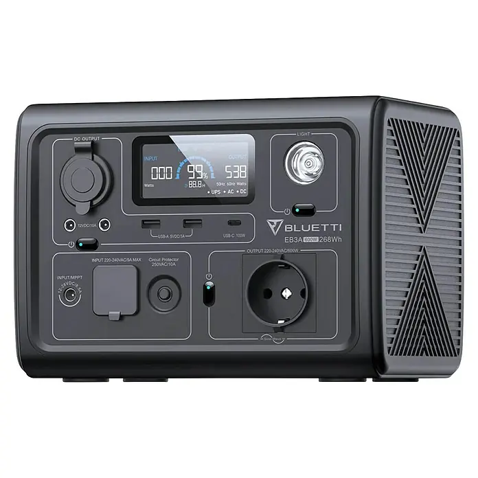 Bluetti Batteriespeicher EP600 - 1 Stk. - Das Bild zeigt eine Bluetti EB3A Powerstation mit verschiedenen Anschlüssen und einem Display, das den Ladestand und die Leistung anzeigt.
