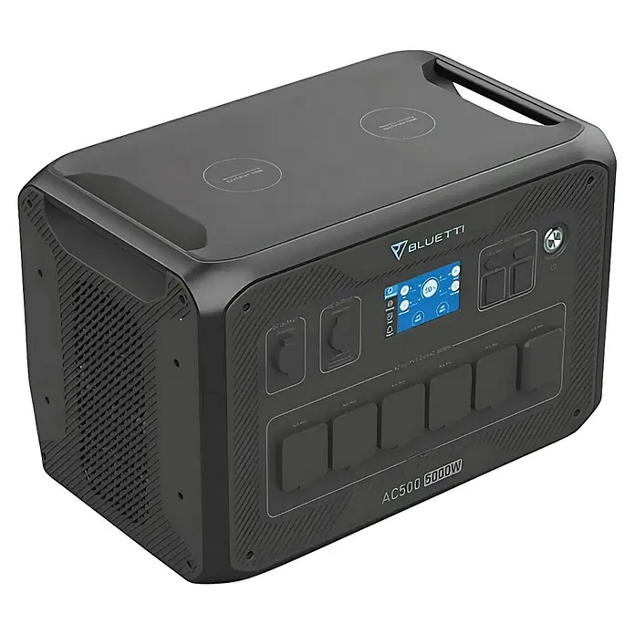 Bluetti Batteriespeicher B700 - Akkuleistung: 716,8 Wh - Das ist ein Bluetti AC500 5000W tragbarer Solargenerator mit mehreren Ausgängen und einem Display zur Anzeige des Batteriestatus.