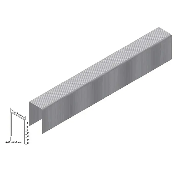 Prebena Heftklammer Typ A - Länge: 16 mm, Rückenbreite: 12,9 mm, 2.000 Stk. - Packung von U-förmigen Heftklammern, die für Tacker oder Klammergeräte bestimmt sind, mit Größenangaben zur Auswahl der passenden Klammer.