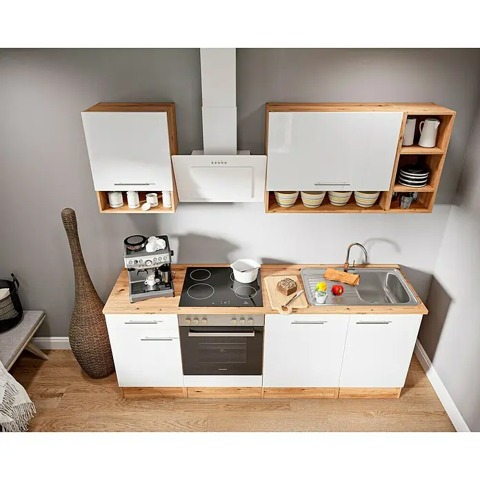 Respekta Cocina compacta Hilde - Ancho: 220 cm, Blanco, Se pueden montar de forma intercambiable, Con electrodomésticos - Cocina americana con armarios blancos y encimeras de madera que proporcionan almacenamiento práctico y superficie de trabajo.