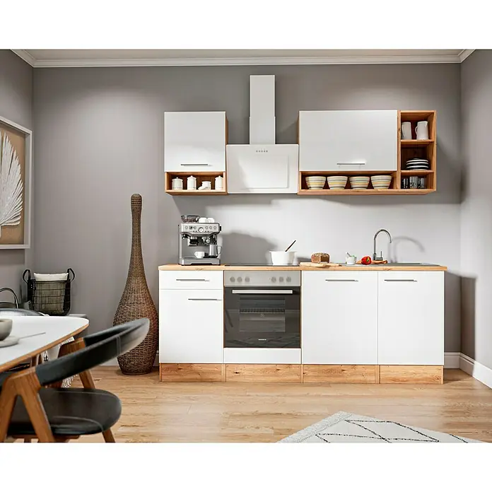 Respekta Cocina compacta Hilde - Ancho: 220 cm, Blanco, Se pueden montar de forma intercambiable, Con electrodomésticos - Una cocina moderna con armarios blancos, detalles de madera y electrodomésticos. La encimera ofrece espacio para la preparación de alimentos.