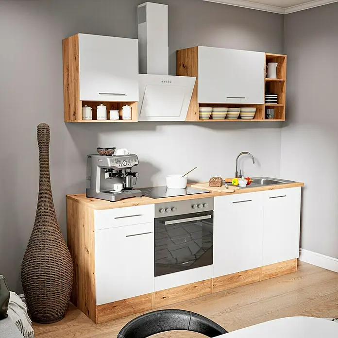 Respekta Cocina compacta Hilde - Ancho: 220 cm, Blanco, Se pueden montar de forma intercambiable, Con electrodomésticos - Cocina moderna con armarios blancos y detalles en madera, incluyendo fregadero, cocina y campana extractora. La cocina americana ofrece mucho espacio.