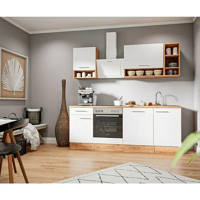 Respekta Cocina compacta Hilde - Ancho: 220 cm, Blanco, Se pueden montar de forma intercambiable, Con electrodomésticos - Una cocina moderna con armarios blancos, detalles de madera y una variedad de electrodomésticos, creando un ambiente elegante y funcional.