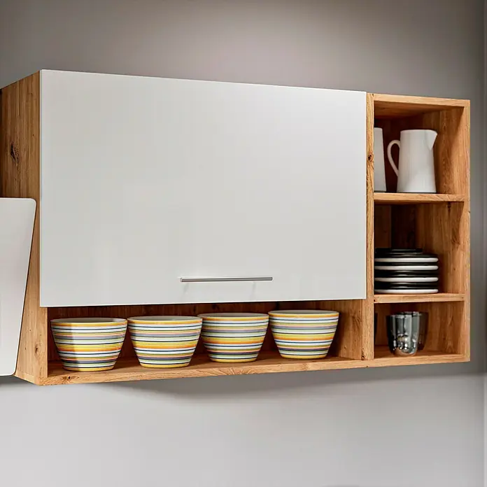 Respekta Cocina compacta Hilde - Ancho: 220 cm, Blanco, Se pueden montar de forma intercambiable, Con electrodomésticos - Armario con puerta blanca y estantes de madera, decorado con cuencos, jarra, platos y un vaso.