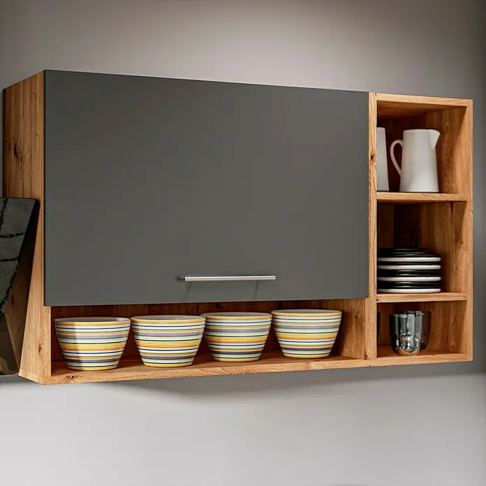 Respekta Cocina compacta Hilde - Ancho: 220 cm, Gris, Se pueden montar de forma intercambiable, Con electrodomésticos - Un armario de pared de madera con puerta gris, cuencos de colores debajo y estantes abiertos con platos, ofrece un almacenamiento elegante.