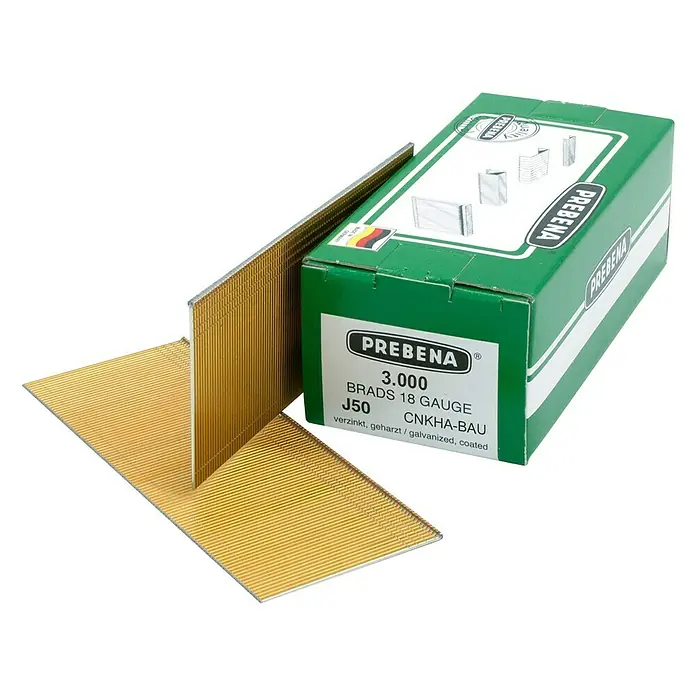 Prebena Stauchkopfnagel Typ J - Länge: 32 mm, 4.000 Stk. - Eine Schachtel PREBENA 3.000 Brads 18 Gauge J50 CNKHA-BAU, verzinkt, geharzt/galvanisiert, beschichtet, zusammen mit den dazugehörigen Klammern.