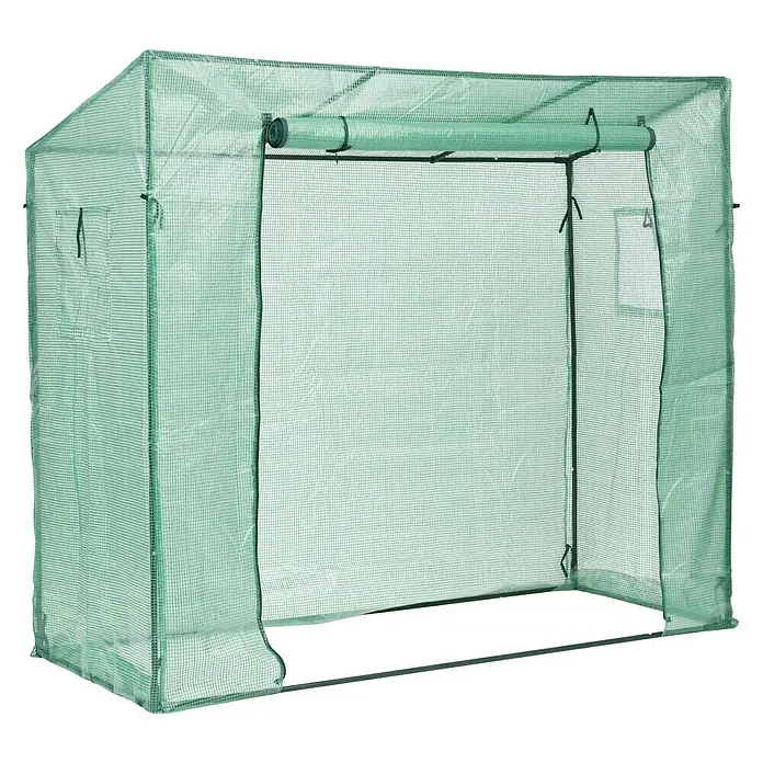 Gardol Invernadero Tomatera - Medidas ext. (An x Pr): 77 x 200 cm, Verde - Un invernadero portátil independiente con una cubierta translúcida verde y parte frontal abierta.