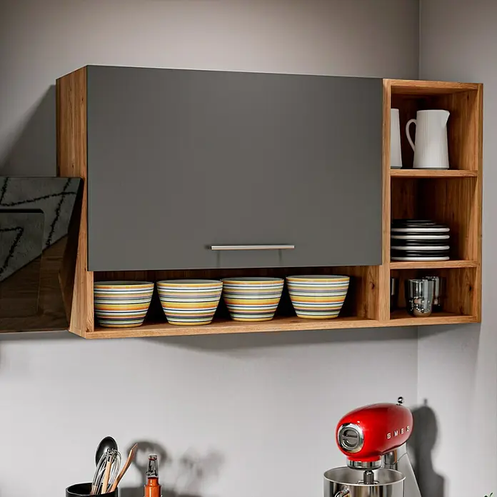 Respekta Cocina esquinera Hilde - Ancho: 280 cm, Gris, Mate, Efecto madera, Con electrodomésticos - Diseño moderno de armario de cocina con puerta gris y estanterías de madera abierta para platos y cuencos coloridos.