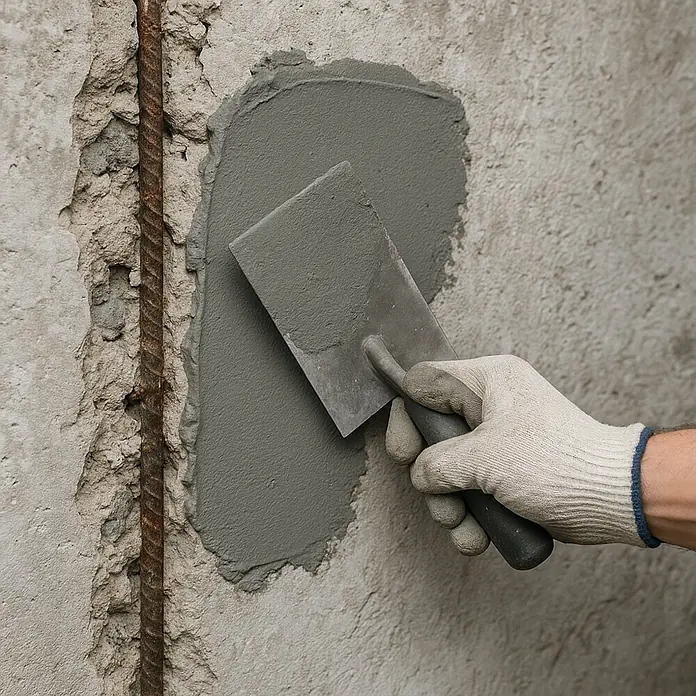 Kerakoll Mortero de reparación rápida Geolite 40 - Espesor: 2 mm - 40 mm, Gris, 25 kg - Primer plano de un hombre aplicando yeso a una pared dañada con una llana para reparar y restaurar la pared dañada.